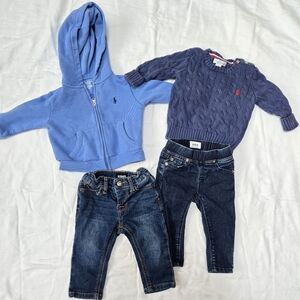 Bundle Of 9 Months Hudson Blue Jeans, Ralph Lauren Sweater, And Zip Up Hoodie